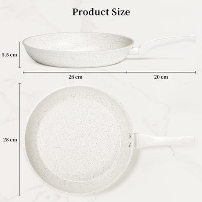 Innerwell 28cm non-stick frying pan with ceramic coating, induction compatible. Professional quality, ideal for omelettes and healthy cooking. Oven and dishwasher safe, white color, PFOA free.