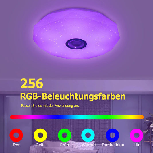 Whole LED ceiling light dimmable with Bluetooth speaker, LED ceiling lamp with remote control or APP control, RGB color changing, music playback for bedroom bathroom living room.