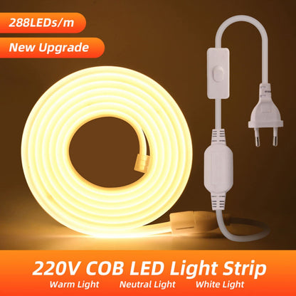 Wisada 220V LED Strip 30M, 288 LEDs/m Flexible High Density Warm White 3000K CRI≥85 FCOB LED Tape, IP65 Waterproof Super Bright COB LED Light Strip with Switch Plug for Bedroom, Cabinet Lighting