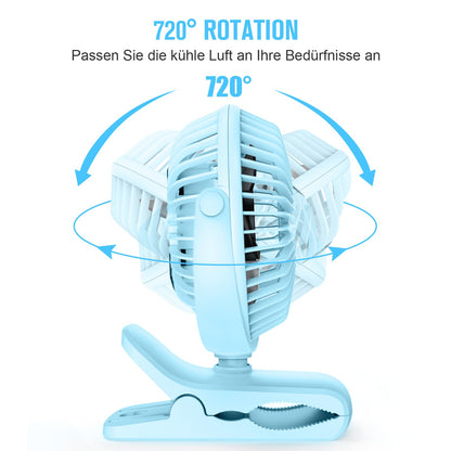 HONYIN Mini Fan with Clip, 720 Degree Rotation Small USB Fan, Strong + Stable Clamp, 3 Speed Levels, Ideal as Desk Fan in Office and Bedroom.