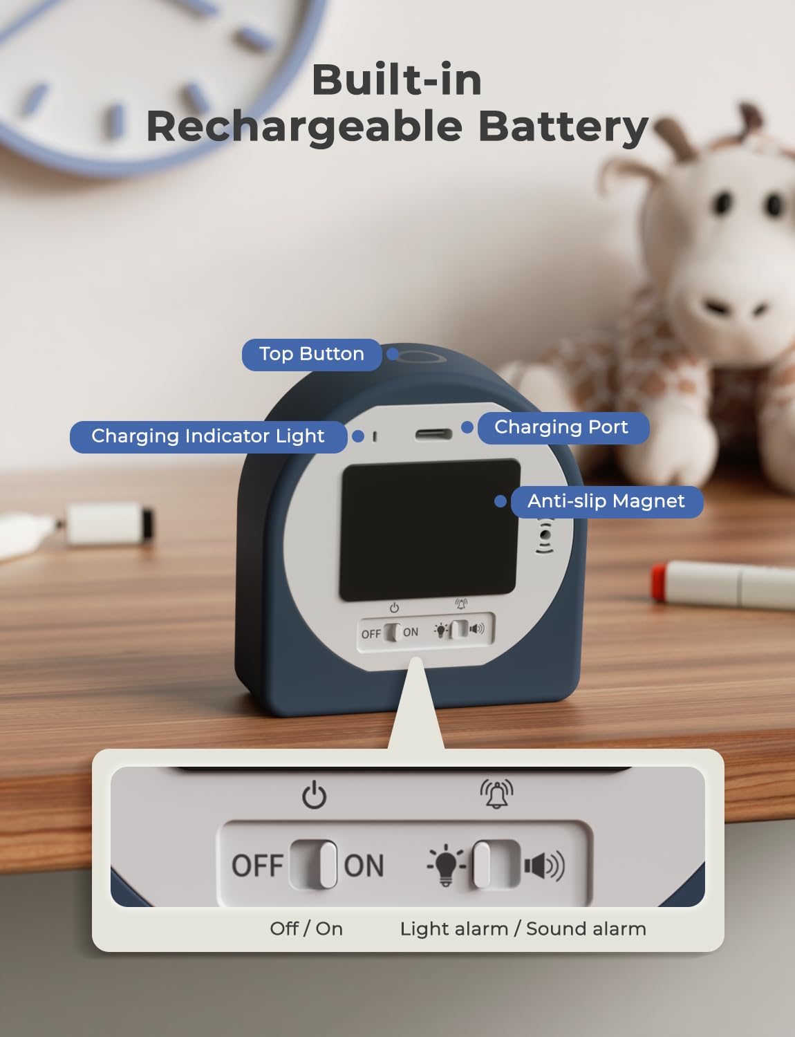 LIORQUE Visual Timer 60 Minutes Countdown Timer for Kids and Adults Quiet Short Term Timer with Silicone Case Pause Function Rechargeable Battery for Kitchen School Office (Blue)