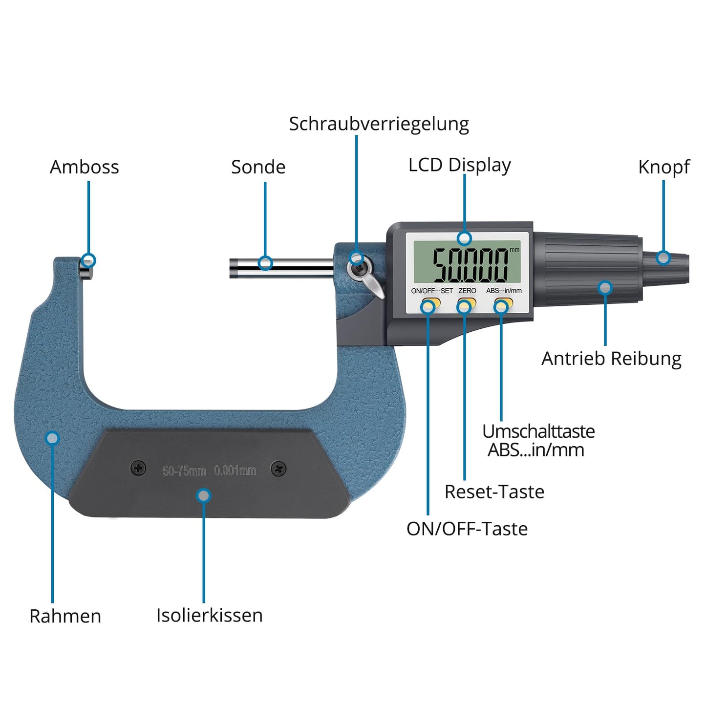 AUTOUTLET Micrometer Digital Micrometer Caliper 50-75mm/0.001mm, High Precision LCD Digital Micrometer Caliper Length Measuring Tool Micrometer 0.001mm (0.00005")