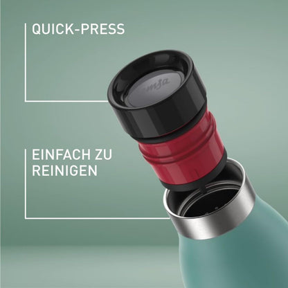 Emsa Bludrop insulated drinking bottle, 1 liter, 100% leak-proof, Quick-Press closure, ergonomic 360° drinking experience, keeps warm for 20h, cold for 40h, easy to clean, stainless steel, powder coating, Petrol color, N31121