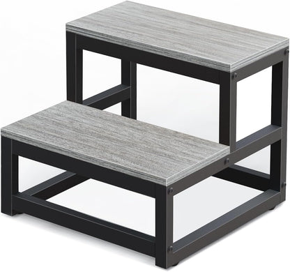 LIANTRAL Step Stool for Adults and Kids, 2-Step Stool, Heavy Duty Steel and Stable Wooden Stool, Holds up to 200KG, Step Stool for Bed, Kitchen, Bathroom, Grey