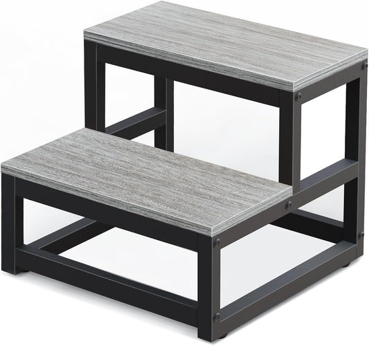LIANTRAL Step Stool for Adults and Kids, 2-Step Stool, Heavy Duty Steel and Stable Wooden Stool, Holds up to 200KG, Step Stool for Bed, Kitchen, Bathroom, Grey