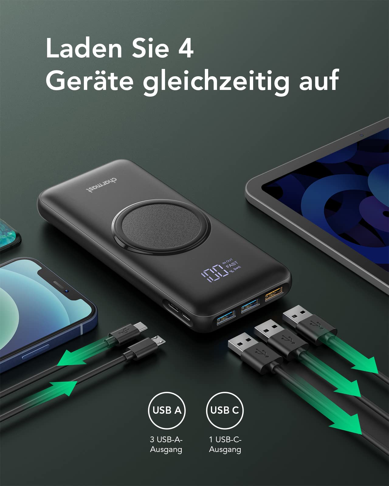 Charmast Power Bank, Wireless Powerbank 20000mAh, Inductive Charging Wireless Charger, 22.5W PD/QC 3.0 External Mobile Battery with LED Display Compatible with iPhone 16 15 14 13 12 Pro Max Samsung Huawei