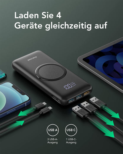 Charmast Power Bank, Wireless Powerbank 20000mAh, Inductive Charging Wireless Charger, 22.5W PD/QC 3.0 External Mobile Battery with LED Display Compatible with iPhone 16 15 14 13 12 Pro Max Samsung Huawei