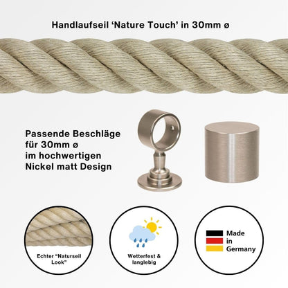 30mm handrail rope set - includes 2 end caps, 6 nickel-plated rope supports, and 6m of natural "Nature Touch" handrail rope
