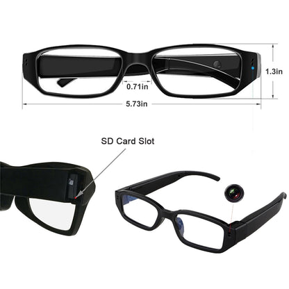 Spy camera glasses with video digital camcorder, supports TF card up to 32GB, fashionable 1080p glasses with hidden camera, portable video recorder.