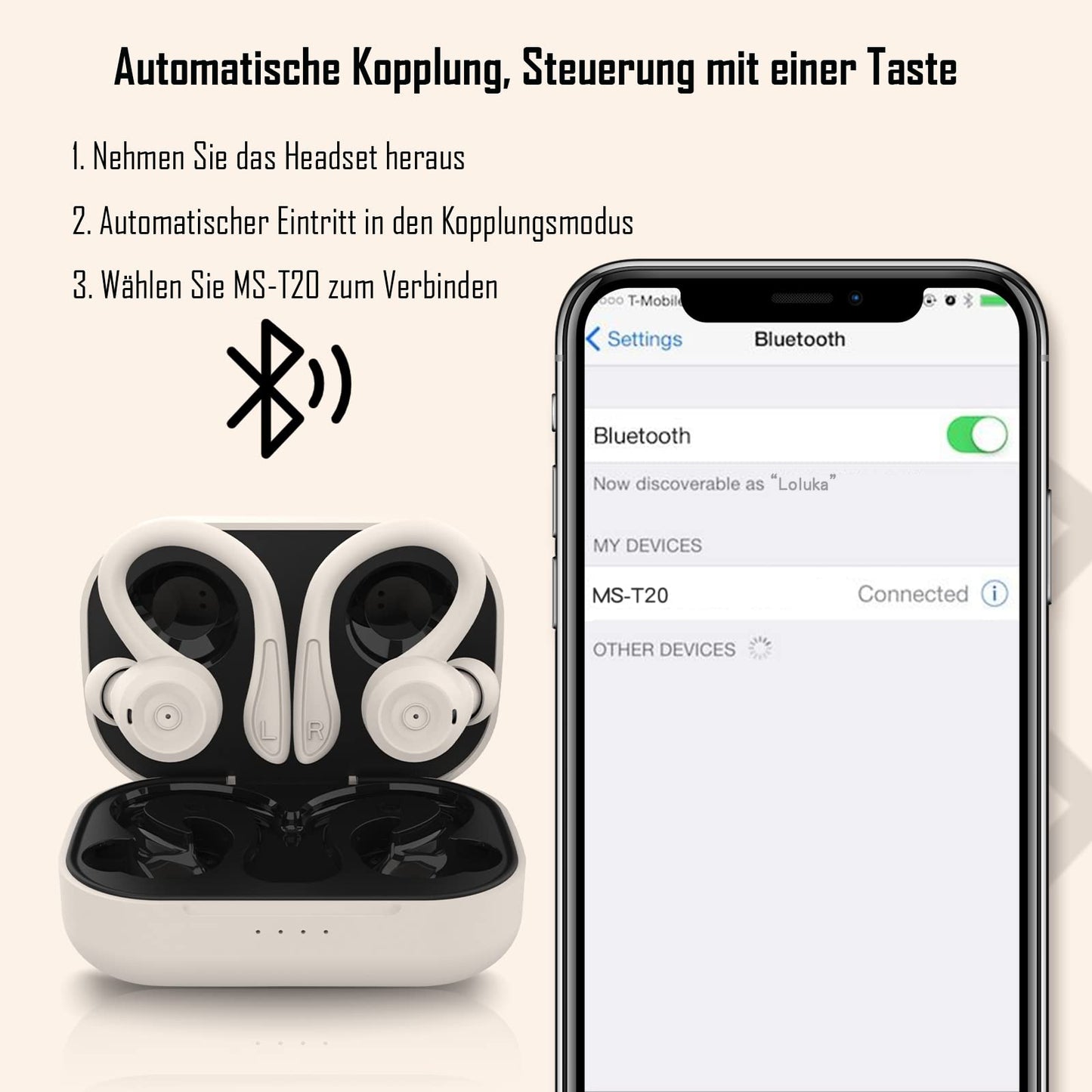 Bluetooth sport headphones in-ear, waterproof and sweatproof. Wireless with noise cancellation, microphone, and ear hooks for training, running, cycling. Compatible with iOS and Android, in beige color.