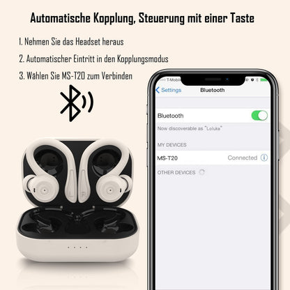 Bluetooth sport headphones in-ear, waterproof and sweatproof. Wireless with noise cancellation, microphone, and ear hooks for training, running, cycling. Compatible with iOS and Android, in beige color.