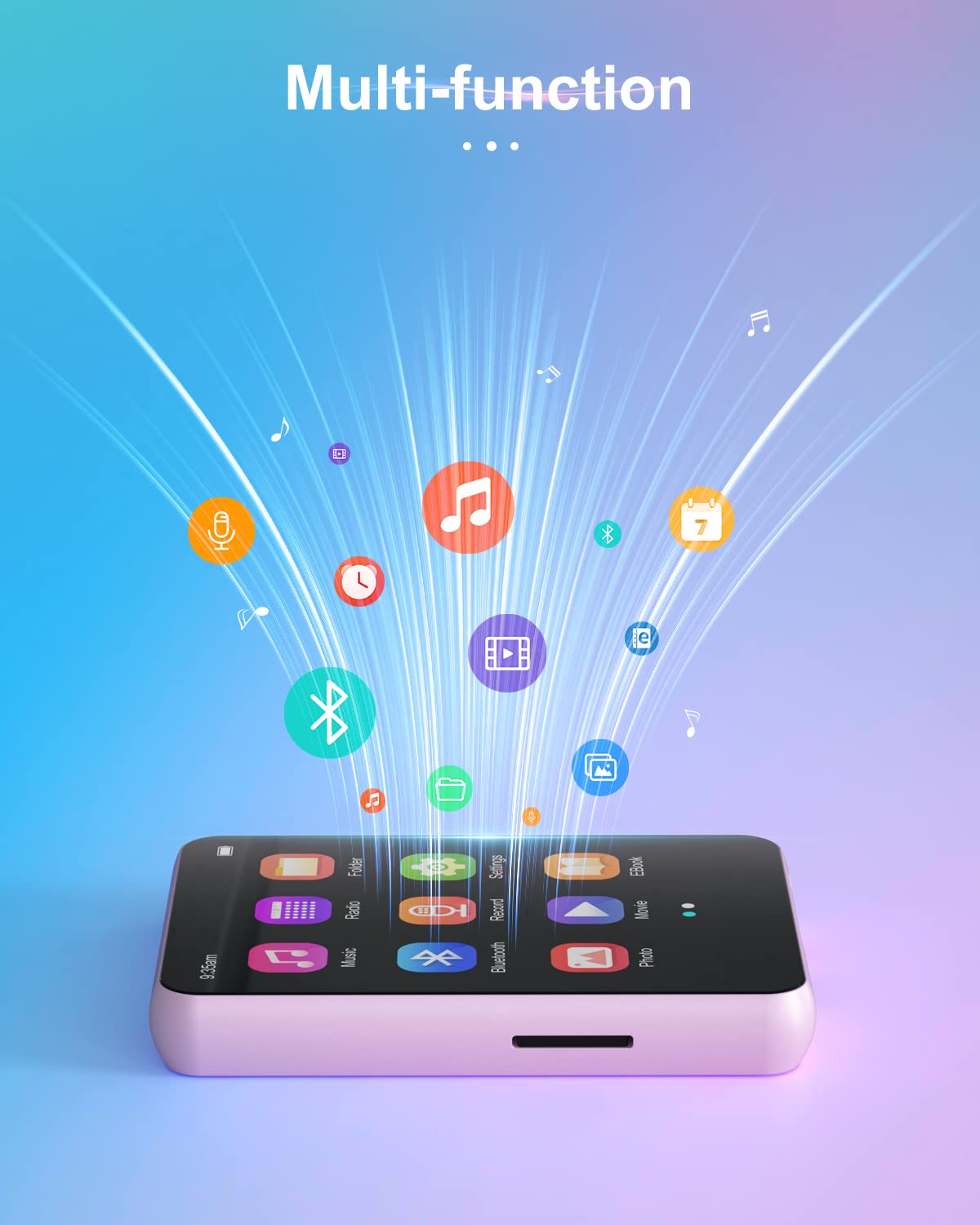 64GB MP3 player with Bluetooth 5.3, portable HiFi sound, 2.4-inch full touchscreen, built-in HD speaker, FM radio, voice recorder, E-book, includes headphones, up to 128GB TF card.