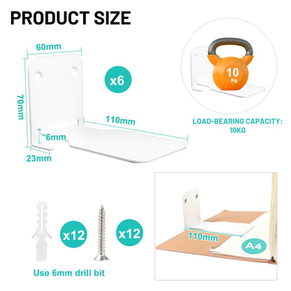 SWAWIS 6 Pieces Invisible Bookshelf Mini Floating Bookshelf Metal Bookshelf Wall Floating Bookshelf Invisible Bookshelf Floating Bookshelf for Paperbacks, White