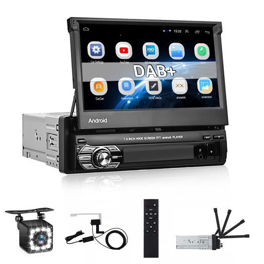 CAMECHO DAB+ Android car stereo 1 Din with navigation, 7 inch retractable screen with Bluetooth hands-free calling Mirror-Link AUX-in FM USB+backup camera & microphone