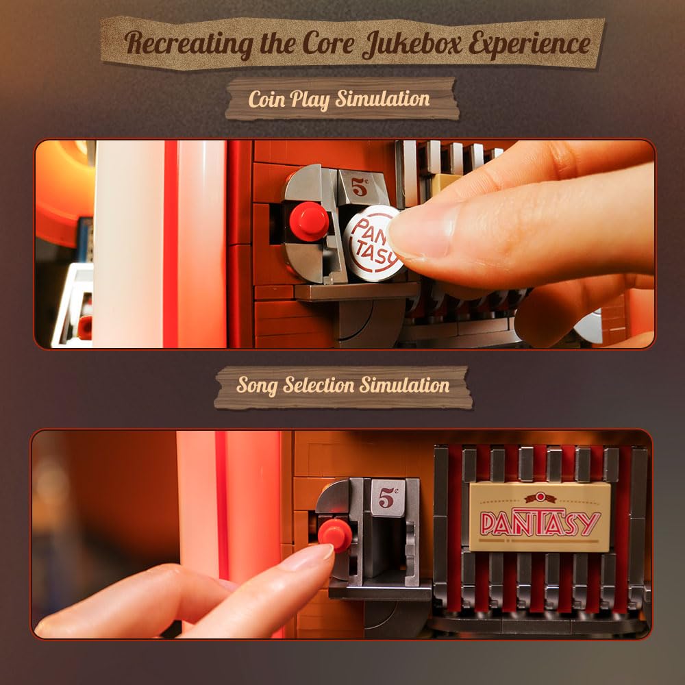 PANTASY Retro Jukebox building set with coin & sound function. Mechanical Music Box model with acrylic records, recording studio & minifigure. Collector set as a gift for adults and teenagers.