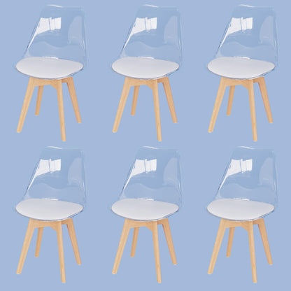 JIJIAN set of 6 dining chairs, transparent TPE backrest, beech wood legs, PU leather upholstered, Nordic style. Suitable for dining room, kitchen, living room, office, cafe.