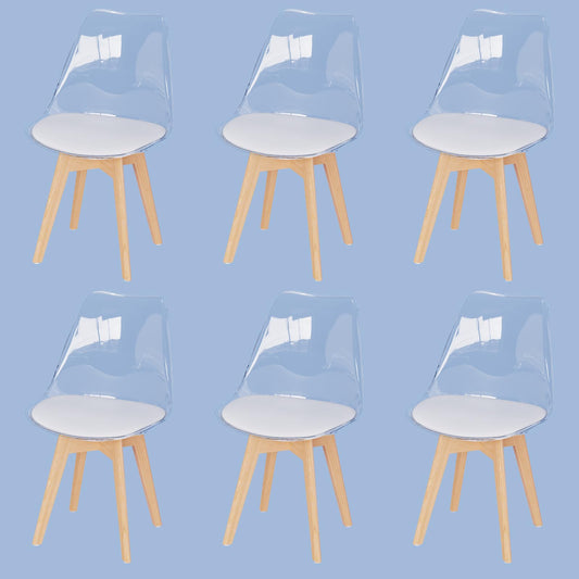 JIJIAN set of 6 dining chairs, transparent TPE backrest, beech wood legs, PU leather upholstered, Nordic style. Suitable for dining room, kitchen, living room, office, cafe.