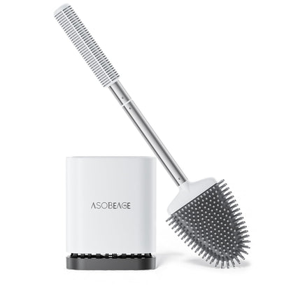 ASOBEAGE Silicone Toilet Brush: Flexible head, stainless steel handle, wall-mounted, quick-drying holder for bathroom cleaning (White)