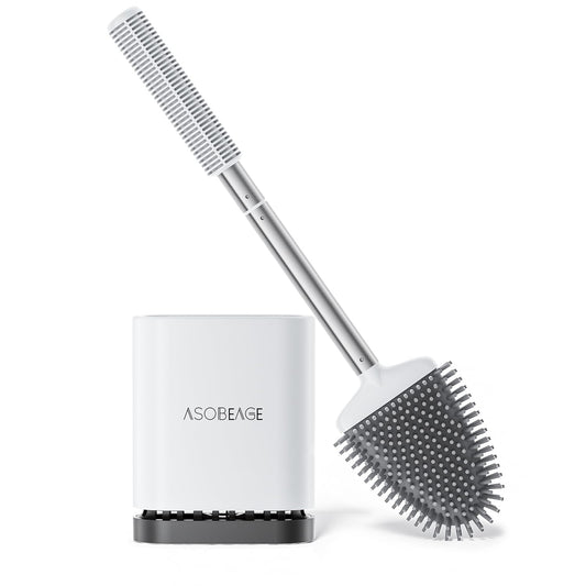 ASOBEAGE Silicone Toilet Brush: Flexible head, stainless steel handle, wall-mounted, quick-drying holder for bathroom cleaning (White)