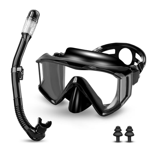 Adult Snorkel Set, Adult Diving Mask with Dry Snorkel, Waterproof Dive Mask Anti-Fog Anti-Leak, With Tempered Glass Lens, Snorkeling and Diving Snorkel Sets (Black)