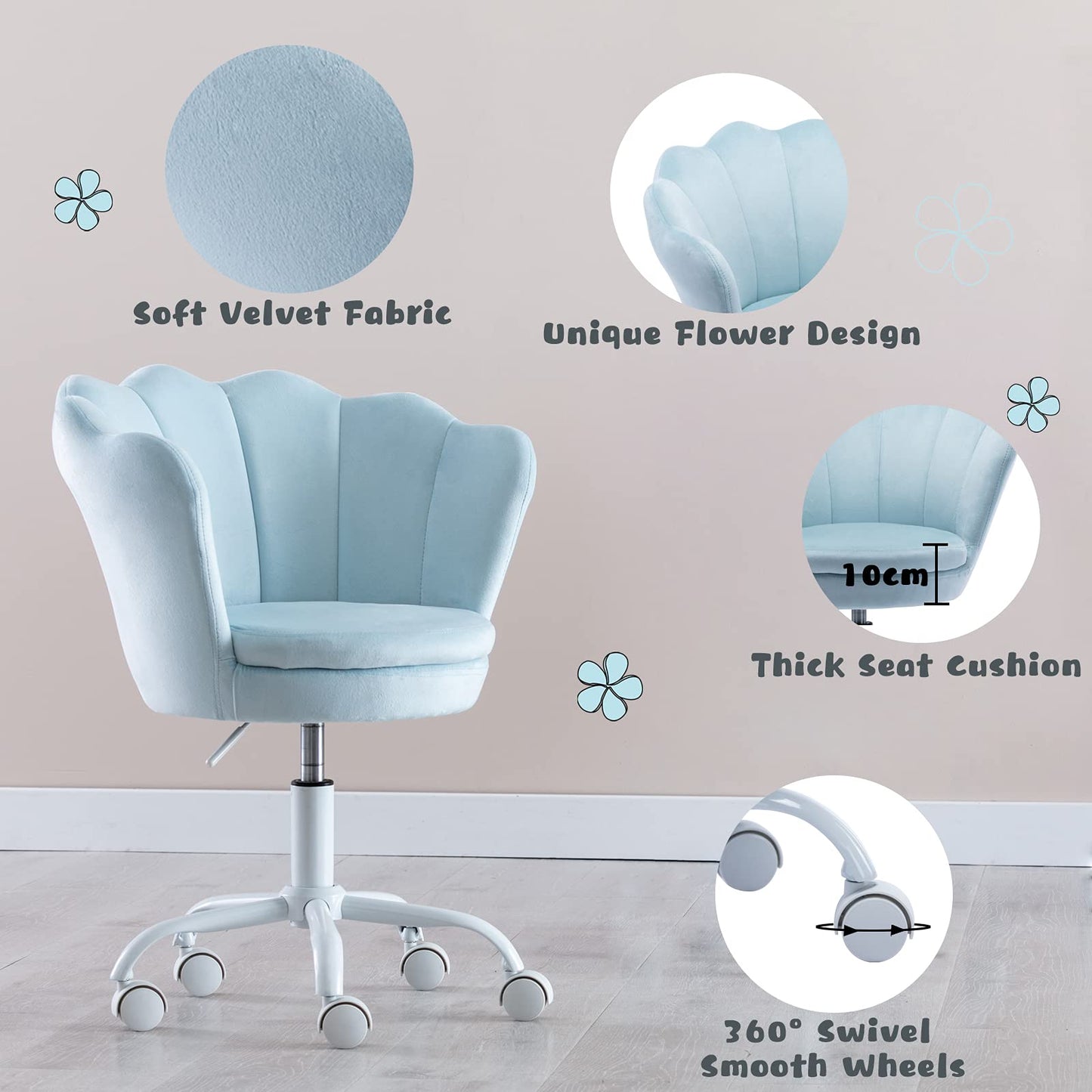 Wahson Velvet Kids Desk Chair Swivel Chair with Armrests for Girls Children Study Office Chair Adjustable Height (Light Blue)