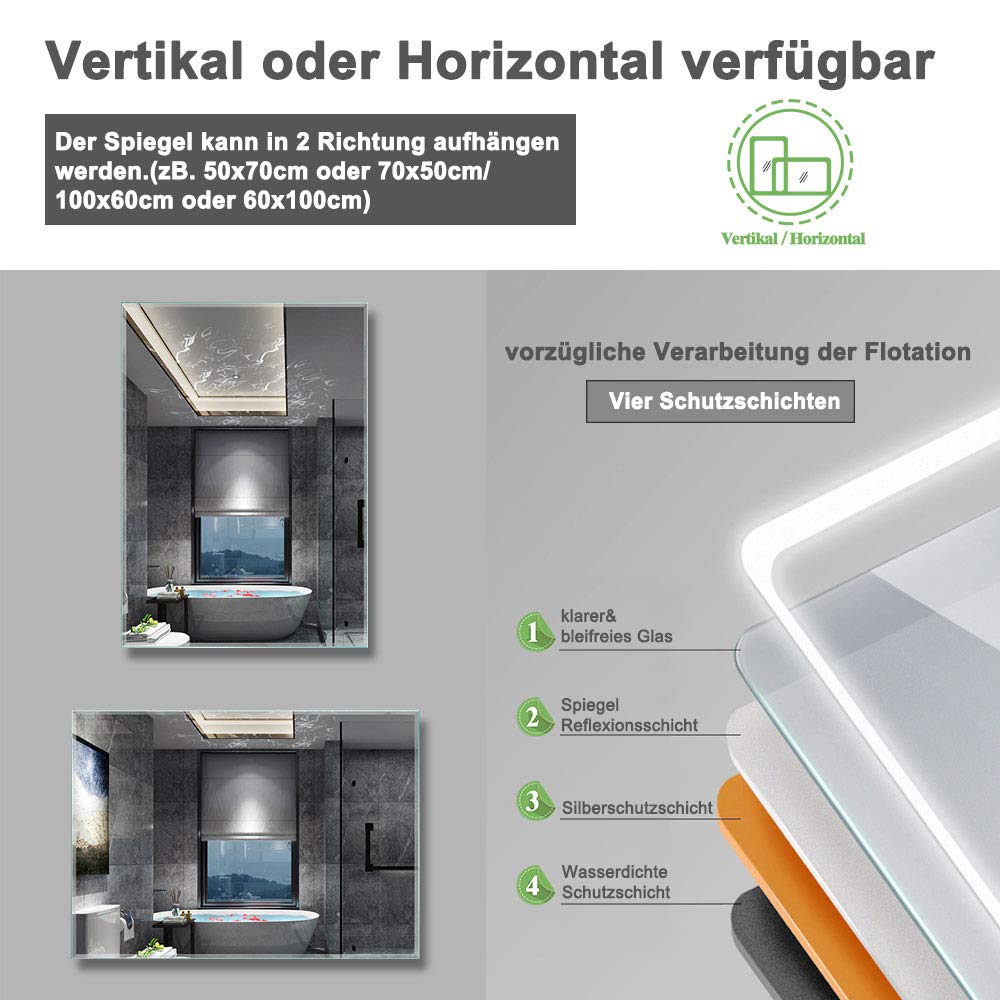 Aica Sanitary Wall Mirror 60x80cm with Wall Switch Anti-fog Bathroom Mirror with Lighting Lighted Mirror IP44 Cool-white Energy-efficient
