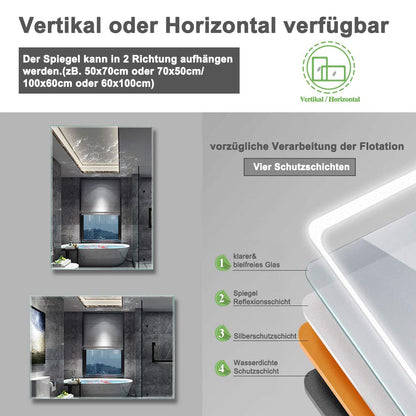 Aica Sanitary Wall Mirror 60x80cm with Wall Switch Anti-fog Bathroom Mirror with Lighting Lighted Mirror IP44 Cool-white Energy-efficient