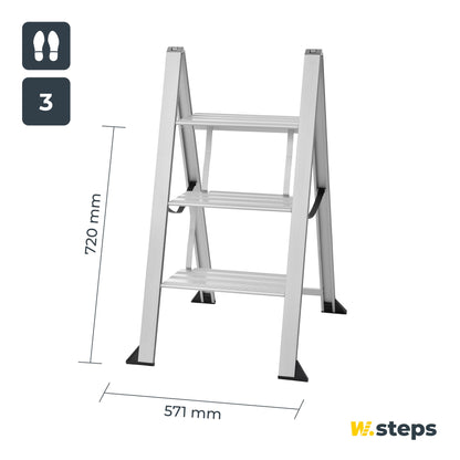 Aluminum folding step ladder Vikingstep Maxi by W.Steps 720mm high Load capacity up to 150kg Compact 2-step aluminum folding step ladder Only 35mm wide 728143