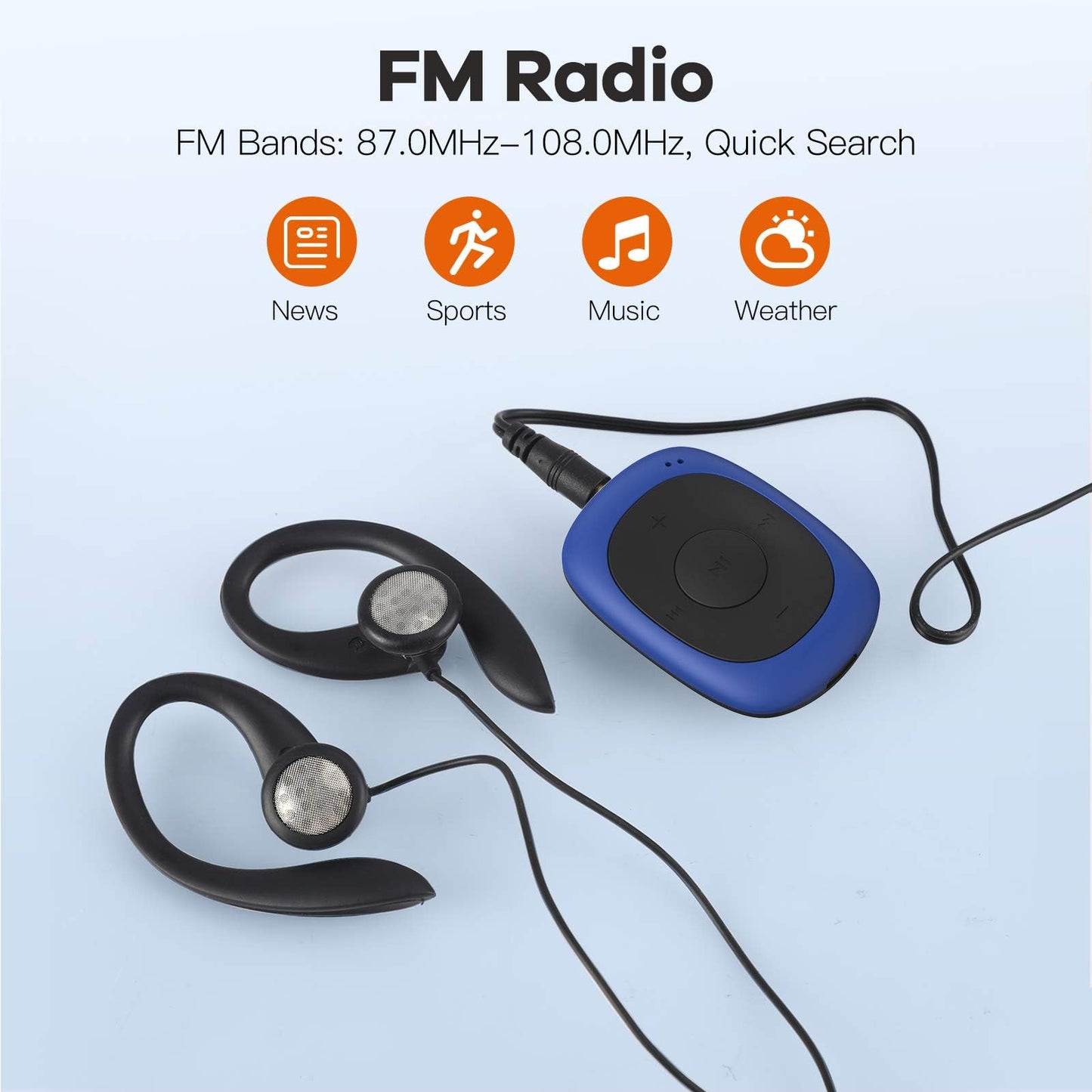 AGPTEK Mini Clip 8GB MP3 player with earhook headphones and silicone case, lightweight sports music player with 5 buttons and 2 function switches, (packaging MULTIPLE USE) Blue.