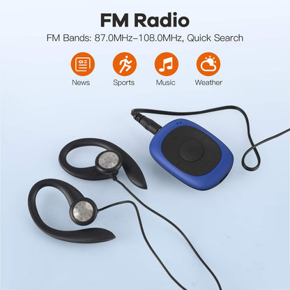 AGPTEK Mini Clip 8GB MP3 player with earhook headphones and silicone case, lightweight sports music player with 5 buttons and 2 function switches, (packaging MULTIPLE USE) Blue.