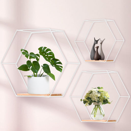 Hexagon wall shelf white metal 3 piece set, shelf wall decor hanging shelf loft wall shelves, wall shelf white for wall decor in living room, bedroom, bathroom, cafe, and hotel.