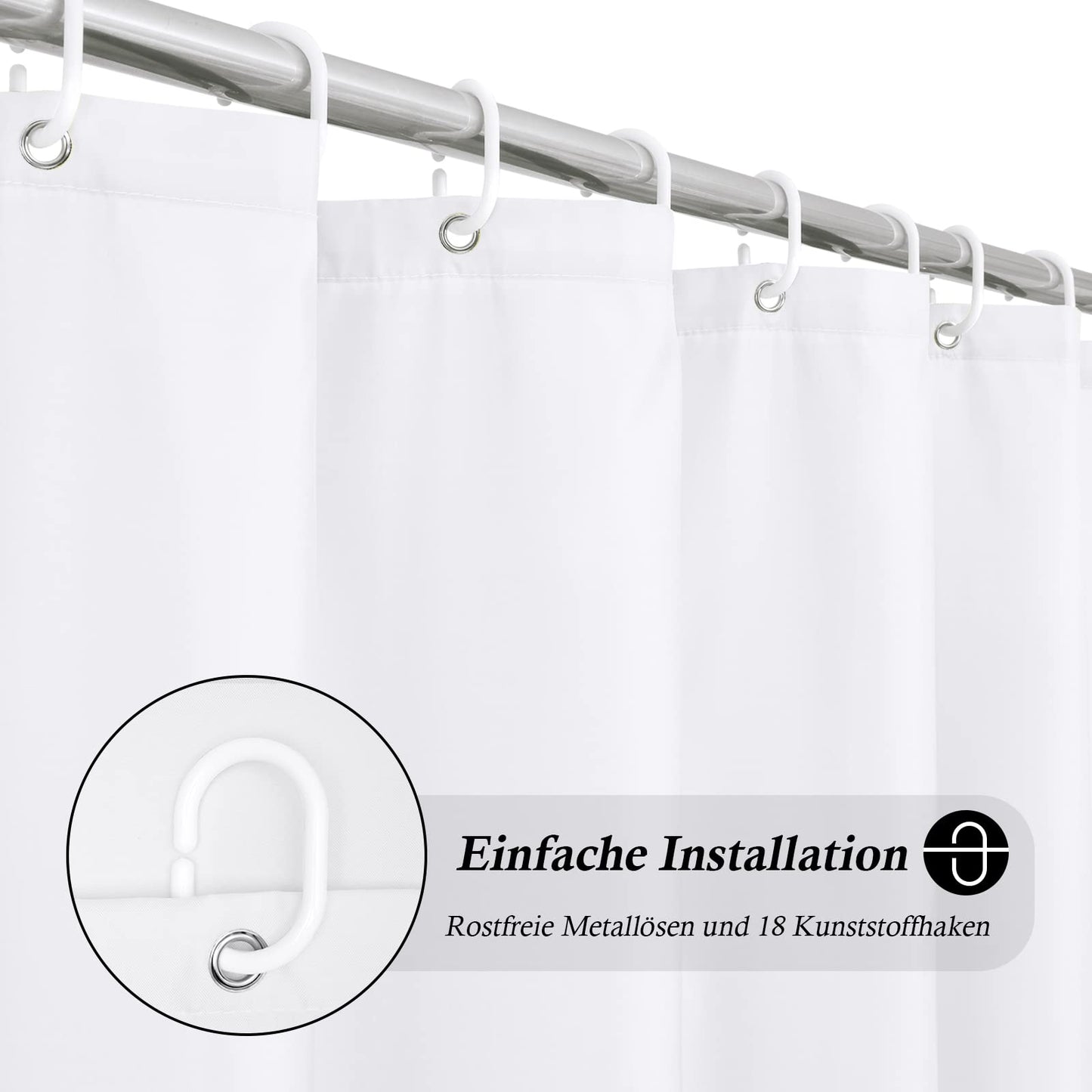 Extra wide white shower curtain 275 x 180 Textile polyester fabric shower curtains, waterproof washable anti-mold bath curtain with 18 rings