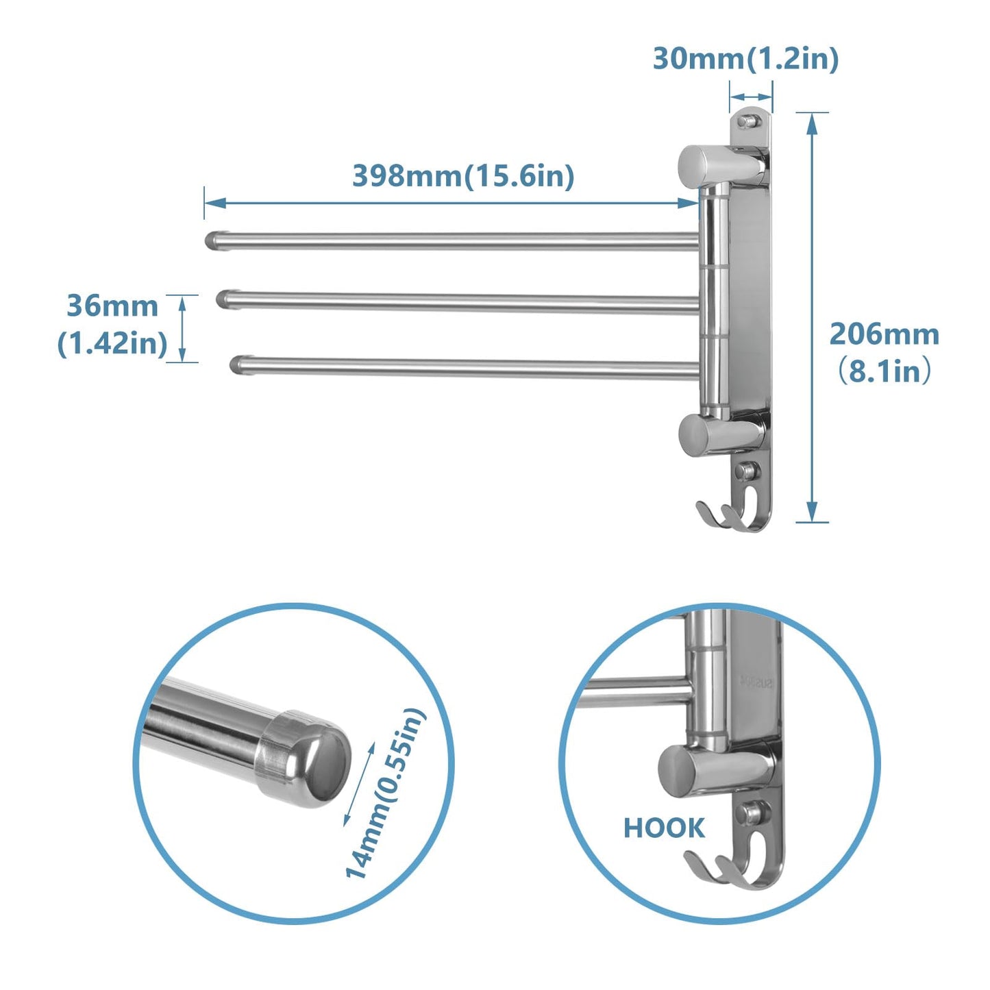 JSVER Stainless Steel Towel Rack 40CM, Towel Holder 180° Rotation with 3-Arm Swivel Arm Towel Bar with Hooks Space-saving for Bathroom, Kitchen, and Wardrobe - Silver.
