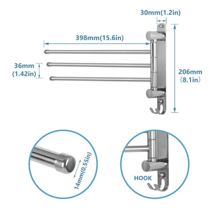 JSVER Stainless Steel Towel Rack 40CM, Towel Holder 180° Rotation with 3-Arm Swivel Arm Towel Bar with Hooks Space-saving for Bathroom, Kitchen, and Wardrobe - Silver.