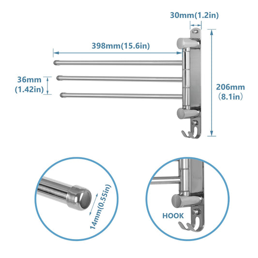 JSVER Stainless Steel Towel Rack 40CM, Towel Holder 180° Rotation with 3-Arm Swivel Arm Towel Bar with Hooks Space-saving for Bathroom, Kitchen, and Wardrobe - Silver.