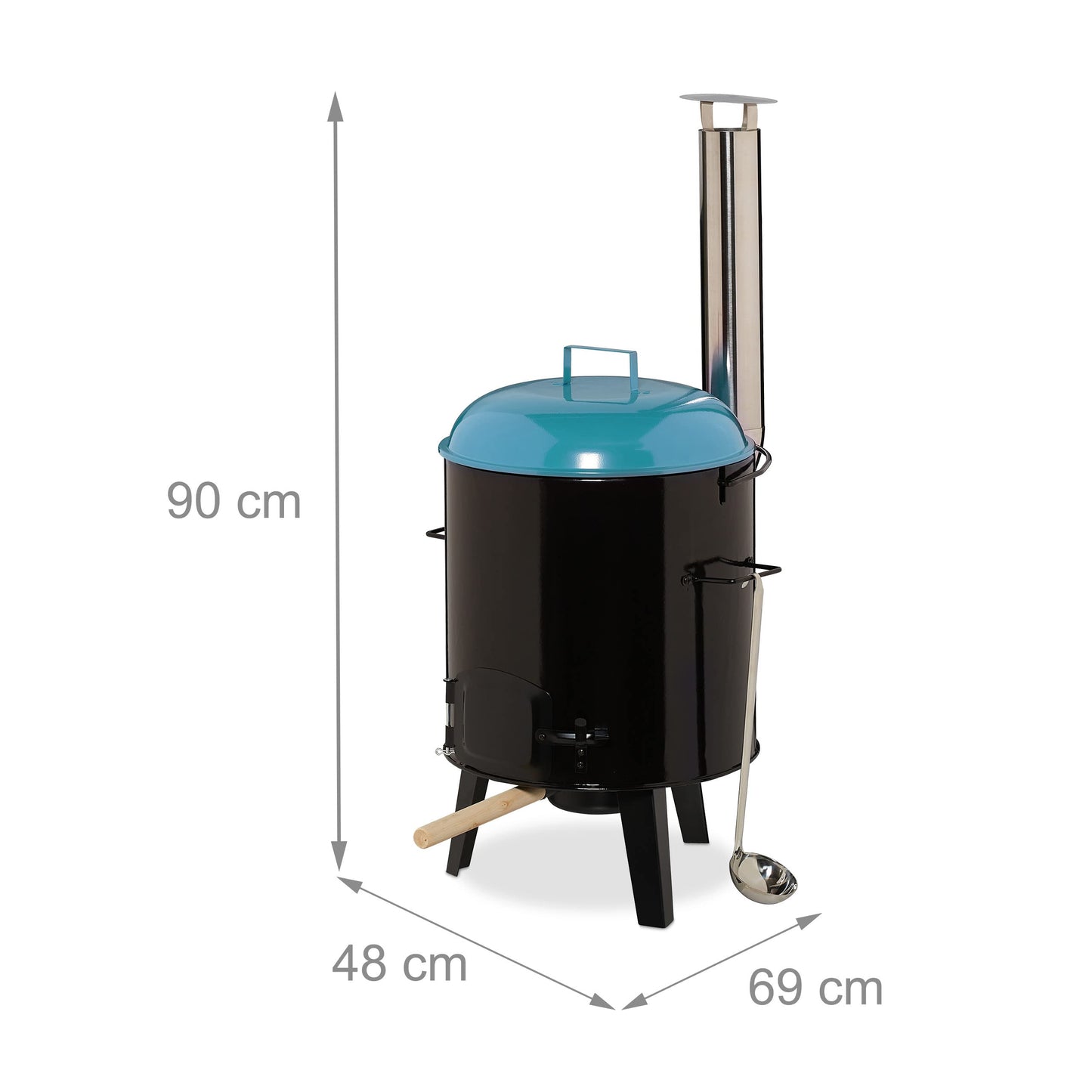 Relaxdays Goulash Cannon, enameled, goulash cauldron with lid, 14 liters, with grill grate, outdoor field kitchen, black/blue.