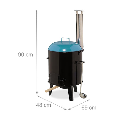 Relaxdays Goulash Cannon, enameled, goulash cauldron with lid, 14 liters, with grill grate, outdoor field kitchen, black/blue.