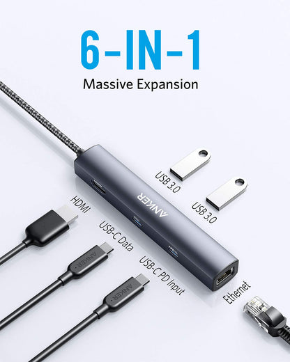 Anchor PowerExpand 6-in-1 Ethernet Adapter, PD USB C Hub, 65 PD, 4K HDMI, 1Gbps Ethernet, Data, 2 USB 3.0 data ports, compatible with MacBook Pro, MacBook Air, iPad Pro, XPS