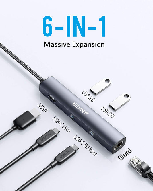 Anchor PowerExpand 6-in-1 Ethernet Adapter, PD USB C Hub, 65 PD, 4K HDMI, 1Gbps Ethernet, Data, 2 USB 3.0 data ports, compatible with MacBook Pro, MacBook Air, iPad Pro, XPS