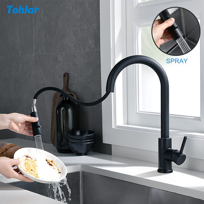Tohlar Kitchen Faucet Black, High Pressure Pull-out 360° Swivel Kitchen Faucet Stainless Steel, Modern Single Handle Sink Faucet