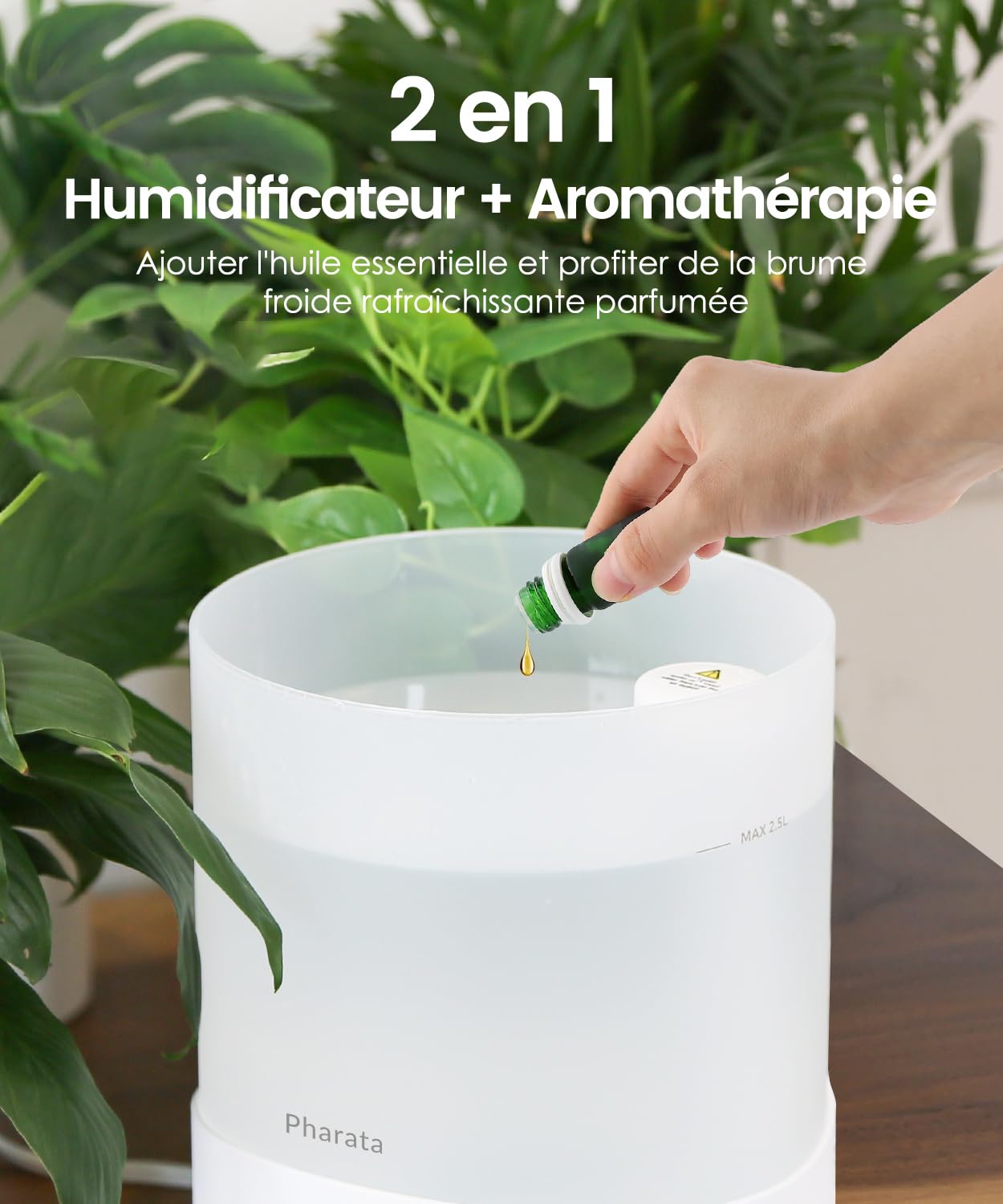 Pharata humidifier for bedroom, 2.5L diffuser room humidifier for nursery up to 28H, top-fill small ultrasonic room humidifier for baby plants with 7-color night light, BPA-free.