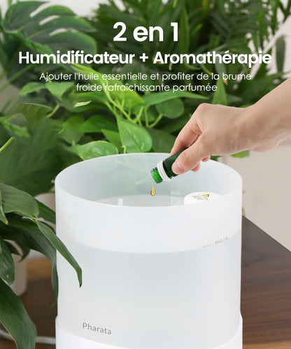 Pharata humidifier for bedroom, 2.5L diffuser room humidifier for nursery up to 28H, top-fill small ultrasonic room humidifier for baby plants with 7-color night light, BPA-free.