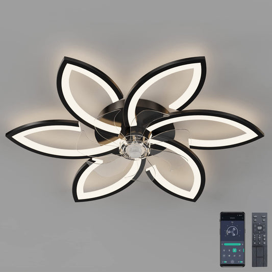 Quiet ceiling fan with light, remote control and dimmable color brightness. 70W creative acrylic flower-shaped ceiling light with fan (Black).