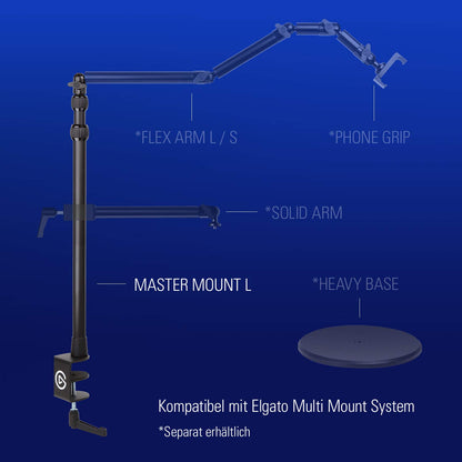 Elgato Master Mount L - Table Clamp with extendable rod up to 125 cm, ¼-inch thread, attach lighting, cameras, and microphones, ideal for streaming, video conferences, and studios.