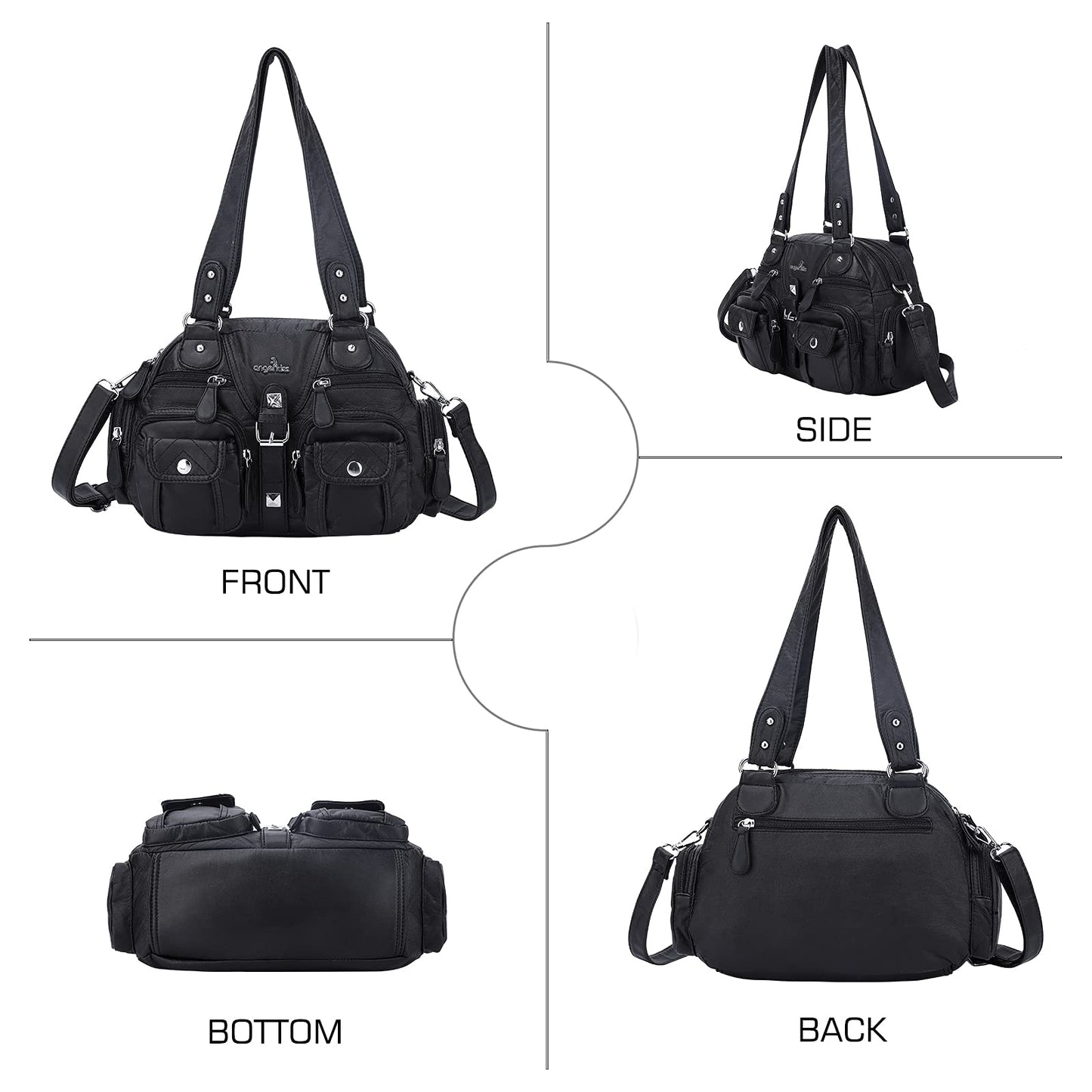 Angel Kiss women's handbag, shoulder bag, made of soft leather with zipper, elegant tote bag with 2 main compartments for office, school, shopping. Black.
