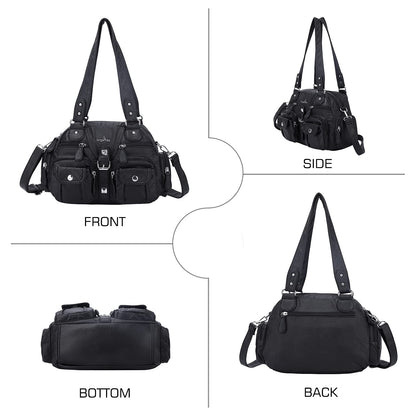 Angel Kiss women's handbag, shoulder bag, made of soft leather with zipper, elegant tote bag with 2 main compartments for office, school, shopping. Black.