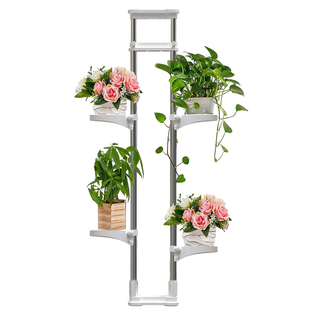 BAOYOUNI Telescopic Flower Stand Plant Stand Indoor Plant Stand Window Sill Metal Telescopic Shelf Window Shelf for Plants Flowers Adjustable Height 92 to 160 cm, Ivory