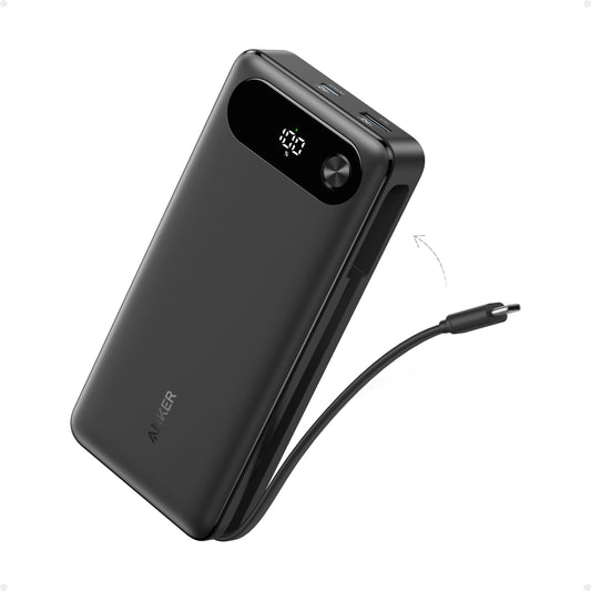Anchor Powerbank, 20,000mAh portable charger with built-in USB-C cable, 87W max fast charging battery, 1 USB-C and 1 USB-A port, for MacBook, iPhone 17/16/15/14 Series, Samsung, Switch, and more.