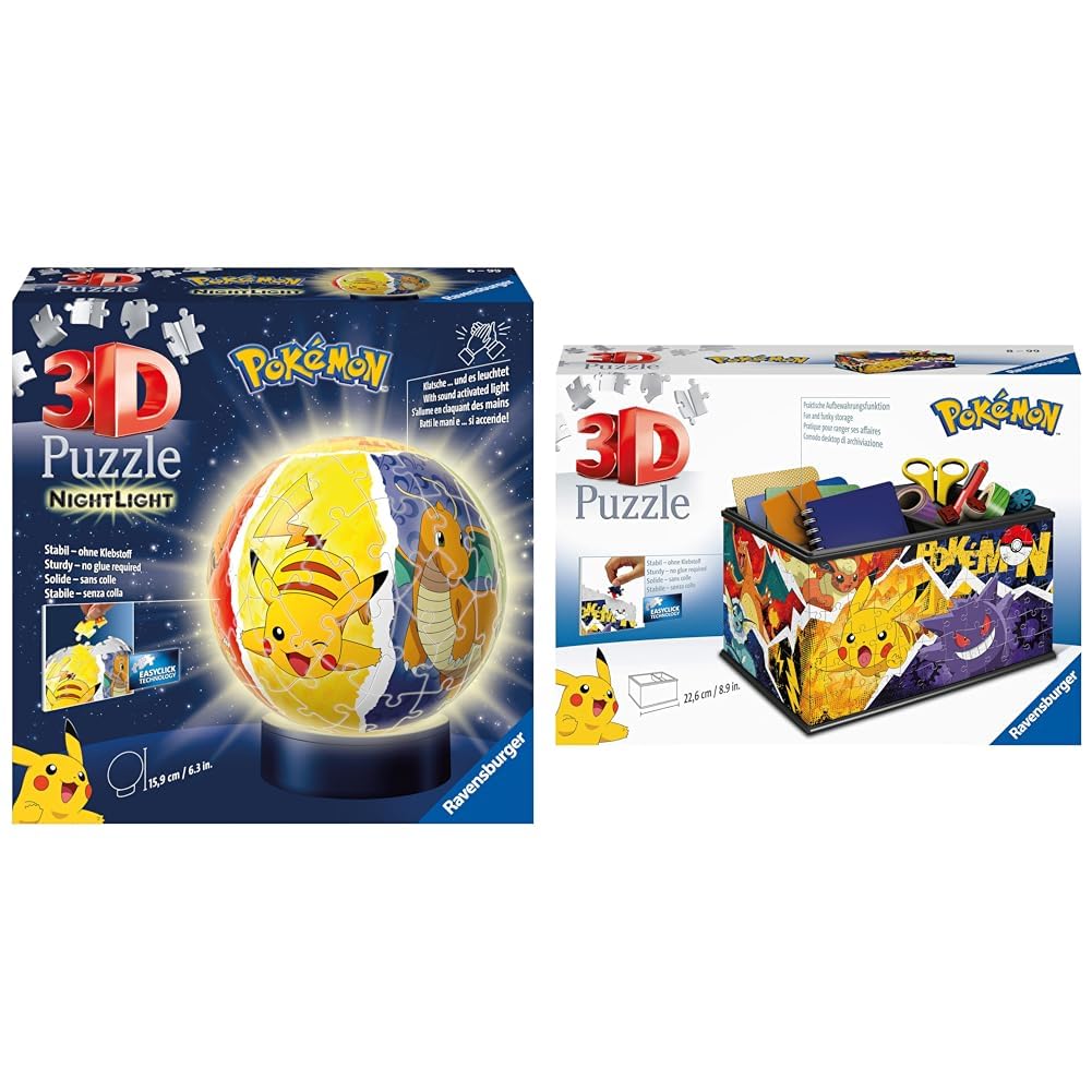 Ravensburger 3D Puzzle 11547 - Night Light Puzzle Ball Pokémon & 3D Puzzle 11546 - Storage Box Pokémon - 216 Pieces - Convenient organizer for Pokémon fans aged 8 and up.