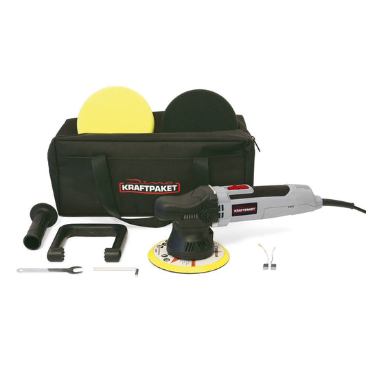 Dino KRAFTPAKET 9mm-650W Eccentric Polisher for Car Boat Vehicle in Set with Backing Plate, Polishing Pads and Bag, 150mm, Black